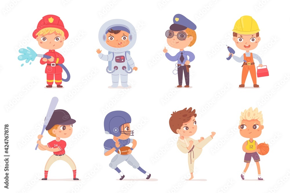 Kid professions set. Boys with professional occupations vector illustration. Children as fireman, astronaut, police, builder, sportsmen: basketball, karate and rugby players on white background