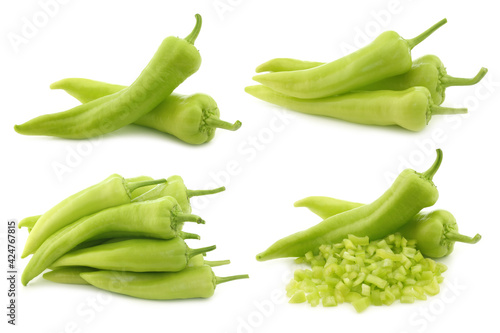 fresh green sweet peppers (banana peppers) on a white background