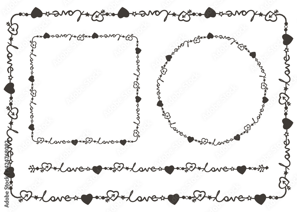 Fototapeta premium Romantic frames and seamless pattern brush. Flat monochromatic vector.