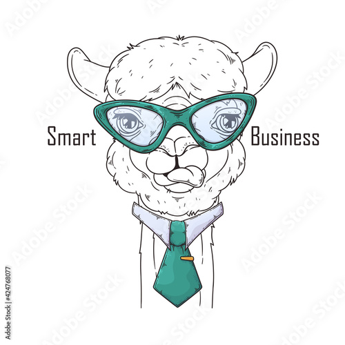 Hand drawn alpaca with tie Vector. Isolated objects for your design. Each object can be changed and moved.