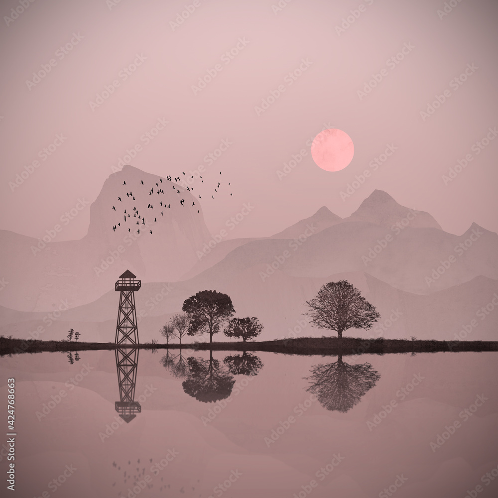 Landscape with a lake, trees, mountains and birds