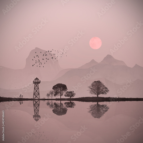 Landscape with a lake, trees, mountains and birds