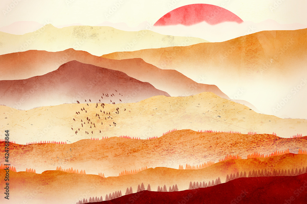 Minimal landscape with mountains and valleys at sunset