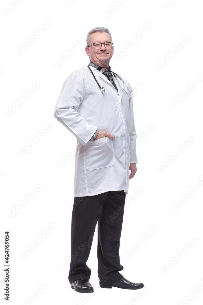 Portrait of caucasian male doctor wear white medical uniform, stethoscope and glasses look at camera Portrait of caucasian male doctor wear white medical uniform, stethoscope and glasses look at camera