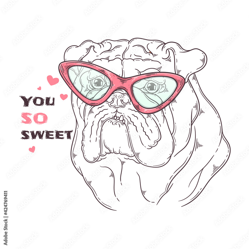 Obraz premium Hand drawn bulldog portrait with accessories Vector. Isolated objects for your design. Each object can be changed and moved.