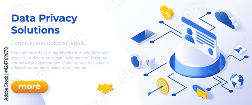 DATA PRIVACY SOLUTIONS - Isometric Design in Trendy Colors Isometrical Icons on Blue Background. Banner Layout Template for Website Development