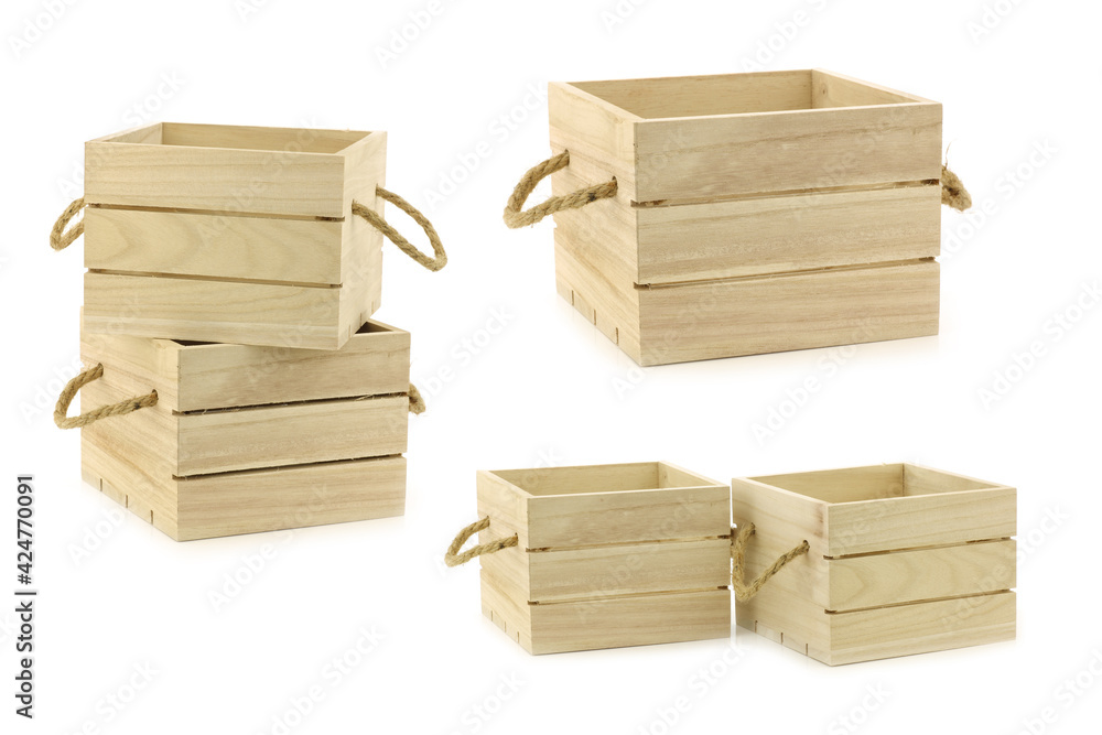 wooden crates with rope handles on a white background wooden crates with rope handles on a white background