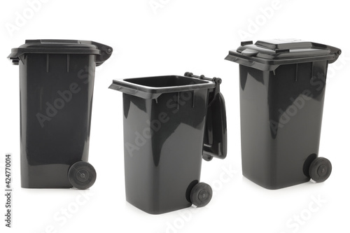Black garbage cans isolated on white background