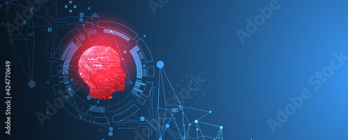 Abstract background on the theme of artificial intelligence. Red head shape with technological elements inside the contour.
