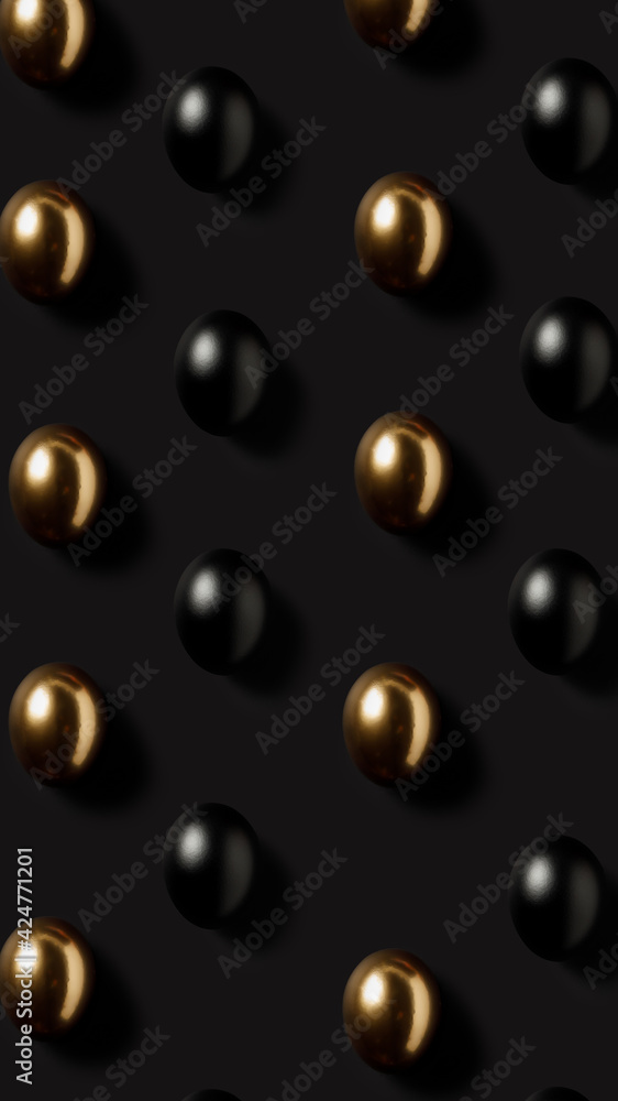 Black and gold eggs pattern over dark black background. Minimal black luxury Easter concept. Trendy layout representing investments, savings and pensions. Flat lay, top view. Black and gold eggs pattern over dark black background. Minimal black luxury Easter concept. Trendy layout representing investments, savings and pensions. Flat lay, top view.