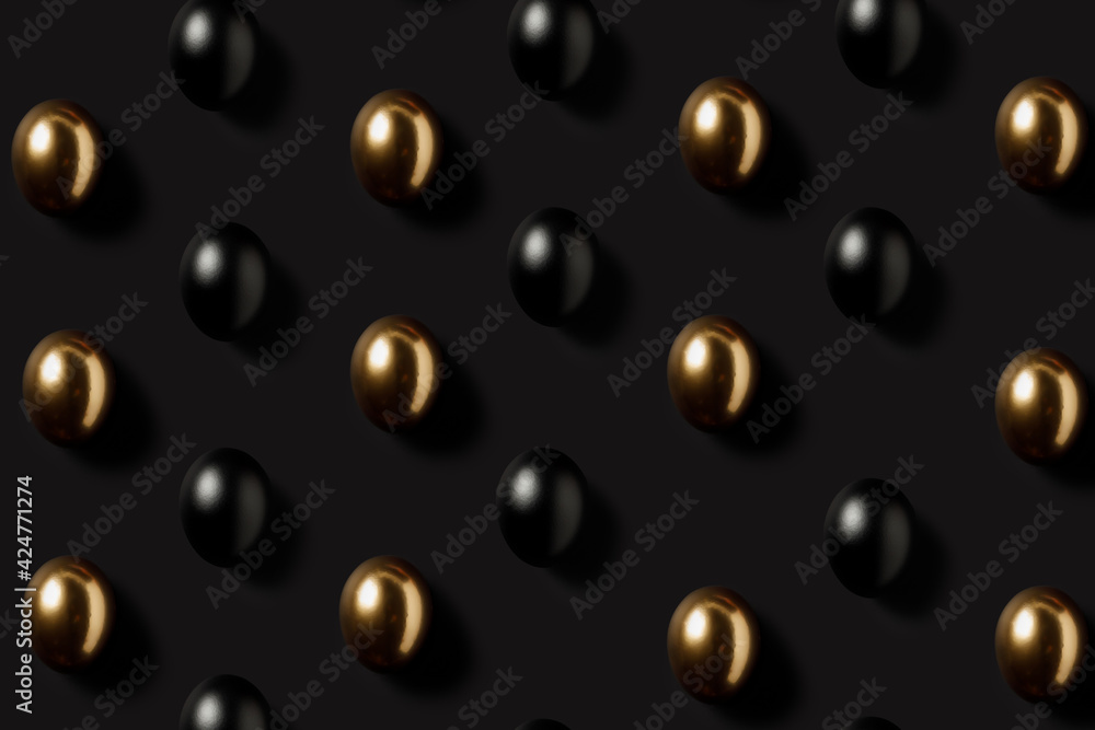 Black and gold eggs pattern over dark black background. Minimal black luxury Easter concept. Trendy layout representing investments, savings and pensions. Flat lay, top view. Black and gold eggs pattern over dark black background. Minimal black luxury Easter concept. Trendy layout representing investments, savings and pensions. Flat lay, top view.