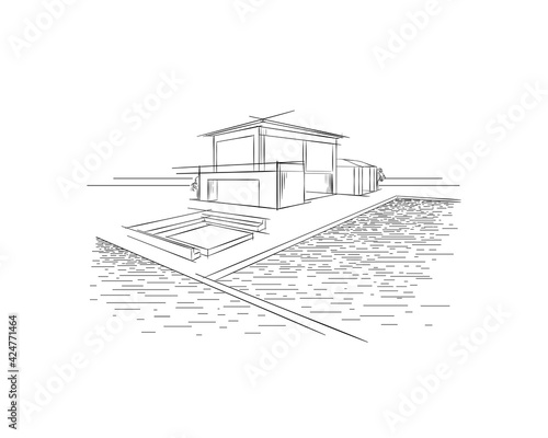 Beach house Real estate rental logo. Banner beachfront  Luxury villa. Home with swimming pool and sea view for weekend and holidays. Modern architecture Vacation building sketch, hand drawn vector