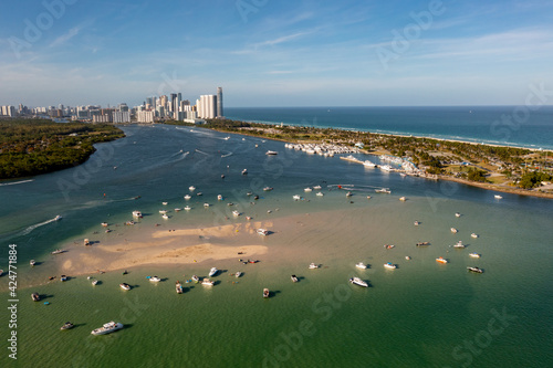 Aerial view low tide at the Haulover sandbar Miami Beach FL