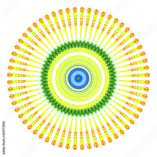Creative multicolored points round symbol. Abstract symmetrical logo. Mosaic colorful beautiful beads. Circle dots modern pixel floral art icon. Colored pattern ornament wheel decorative illustration.