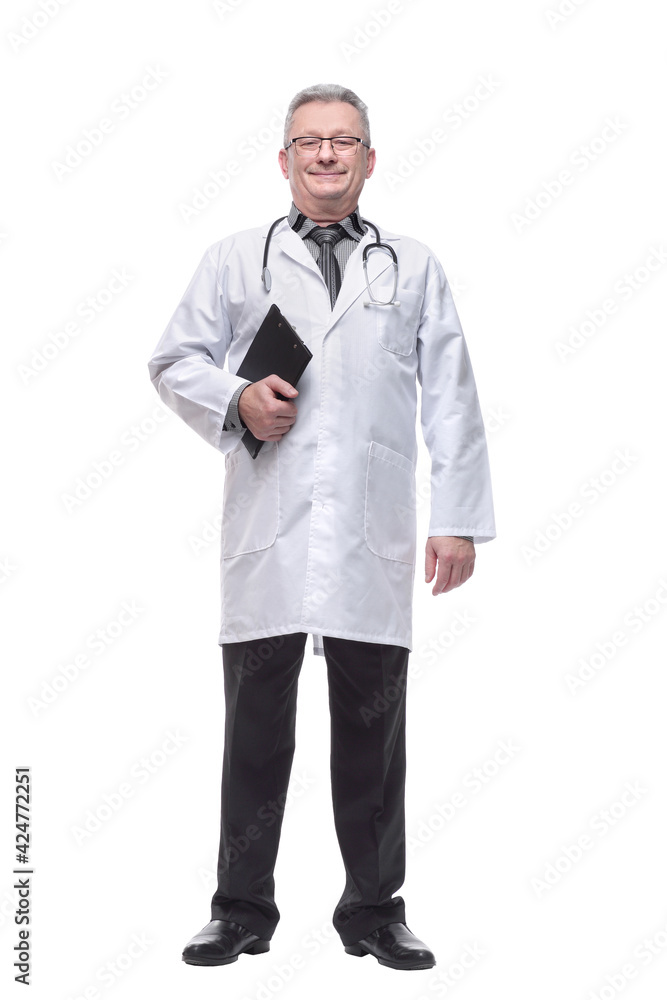 Senior male doctor standing with folder on white background Senior male doctor standing with folder on white background