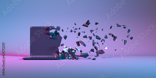 Wall Mural laptop in neon light falling apart into small parts