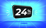 24% off. Blue banner with twenty-four percent discount on a black balloon for mega big sales.