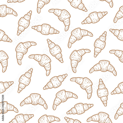 Seamless pattern with hand drawn croissants, buns on white background. Doodle, simple outline illustration. It can be used for decoration of textile, paper and other surfaces.