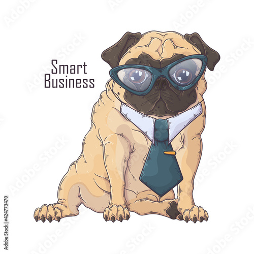 Hand drawn pug dog in tie Vector. Isolated objects for your design. Each object can be changed and moved.