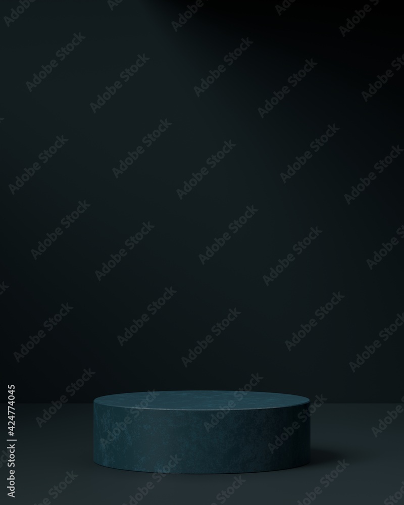 Minimal cylinder pedestal for product showcase. Stand product mockup. Dark blue color. Vertical frame. Background product stage. 3d render illustration Minimal cylinder pedestal for product showcase. Stand product mockup. Dark blue color. Vertical frame. Background product stage. 3d render illustration