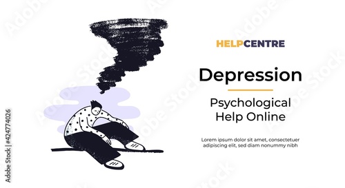 Web banner template with a concept of desperate man sitting with a tornado above his head. Flat vector illustration. Psychological help online template.