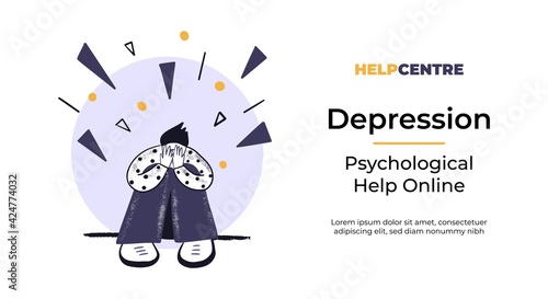 Web banner with a concept of desperate man sitting under the problems rain. Flat vector illustration. Psychological help online template.