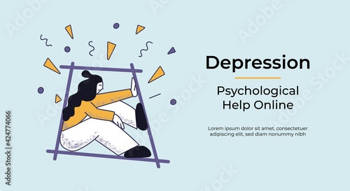 Web banner with a concept of depressed woman in isolated space under the problems rain. Flat vector illustration. Psychological help online template.