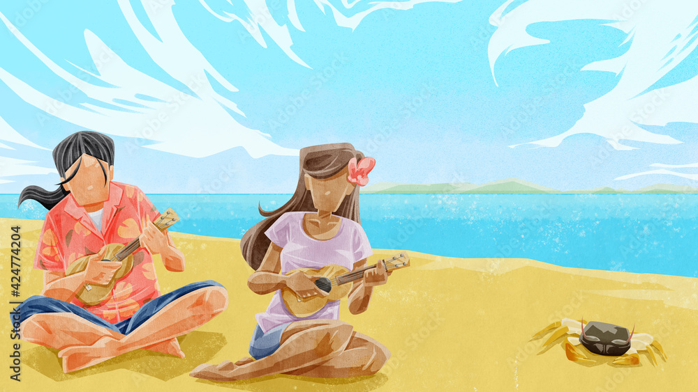 海辺でウクレレを弾く男女とカニのイラスト