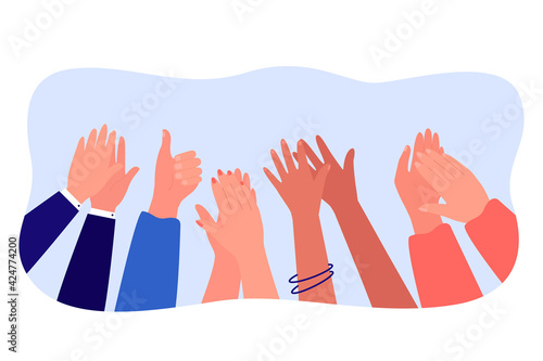 Cartoon diverse people hands applauding flat vector illustration. Multinational audience expressing appreciation and respect, symbolizing win or triumph. Celebration, success, tradition concept