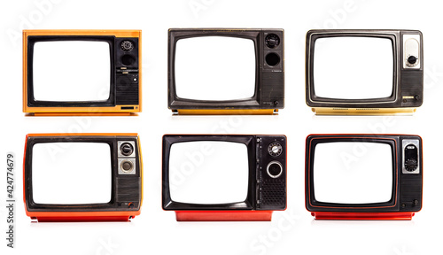 Collection of retro old television red and yellow with white screens isolated on white background. Six old TV sets