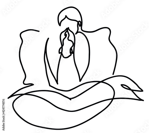 One line drawing of sick woman.
One continuous line drawing of flu concept.