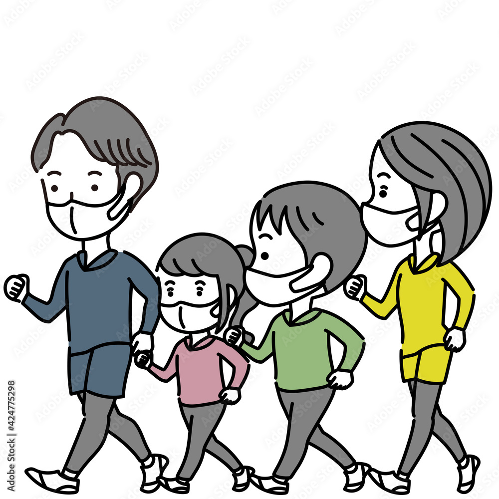 ウォーキングするマスクを着用した4人家族