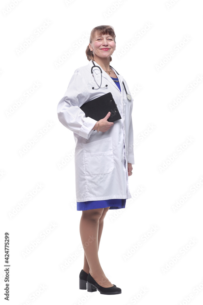 A smiling female doctor with a folder in uniform A smiling female doctor with a folder in uniform