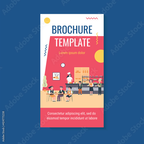 Children having lunch in school canteen. Boys and girls in uniforms eating in cafeteria or dining hall. Vector illustration for food, school kitchen, catering, service concept