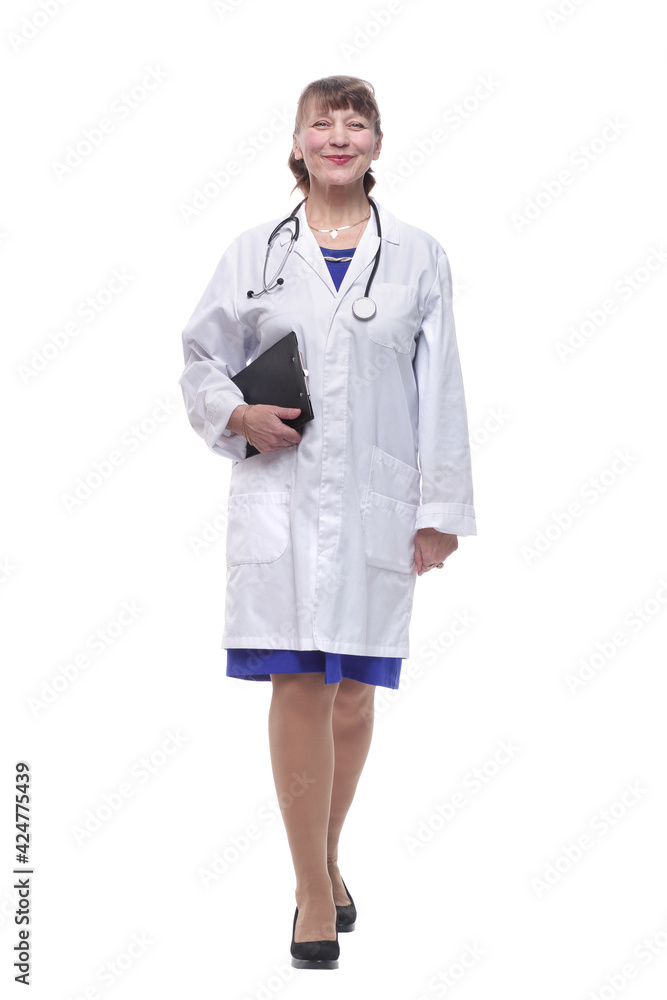 Portrait of attractive female doctor walking and smiling at camera Portrait of attractive female doctor walking and smiling at camera