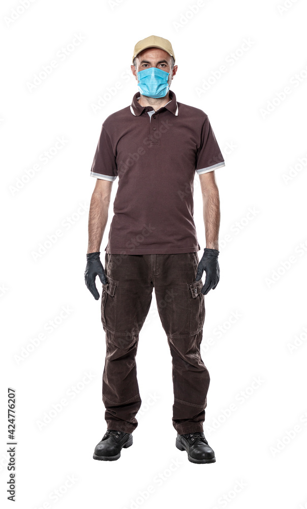 courier with rubber gloves and protective mask.