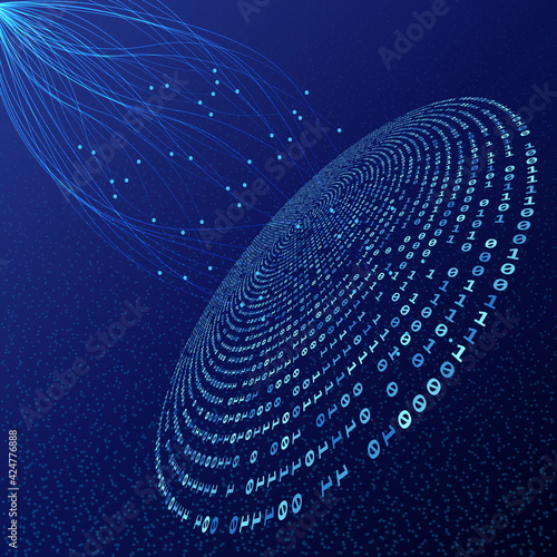 Abstract  lines with dots over circle with digits code. Connecting or big data concept.