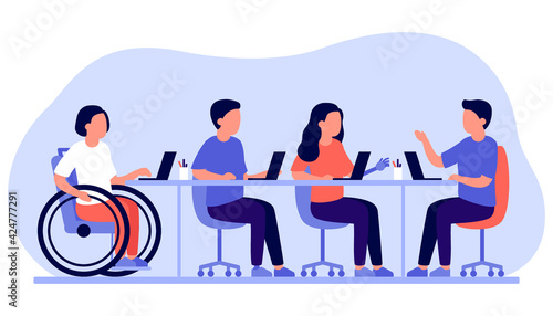 Employee people with disabilities and inclusion work together in office. Disabled different people on wheelchair and with prothesis sit and communicate using laptop. Handicap persons work. Vector flat