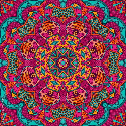 Vector seamless pattern doodle art mandala. Ethnic design with colorful ornament.