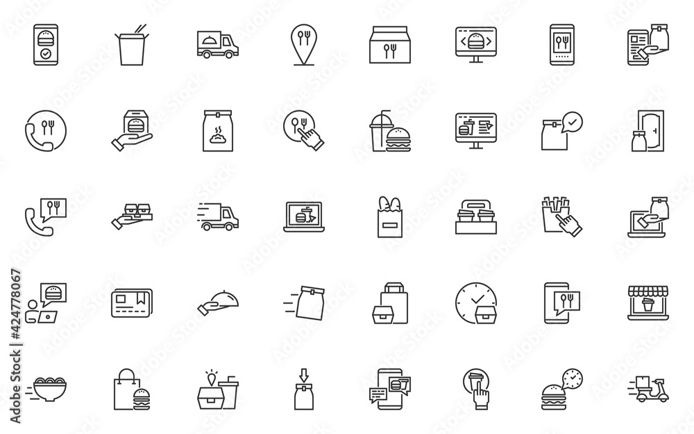 set of food delivery thin line icons, online shopping, restaurant set of food delivery thin line icons, online shopping, restaurant