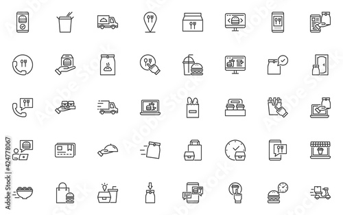 set of food delivery thin line icons, online shopping, restaurant