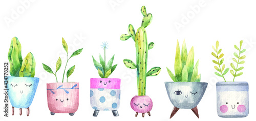 set of home plants, succulents, cacti in a flowerpot with eyes, cute illustration