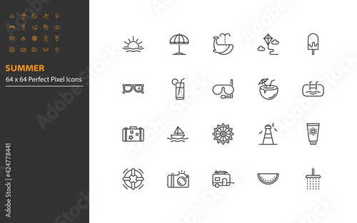 set of summer thin line icons perfect pixel 64x64, beach, sea, vacation