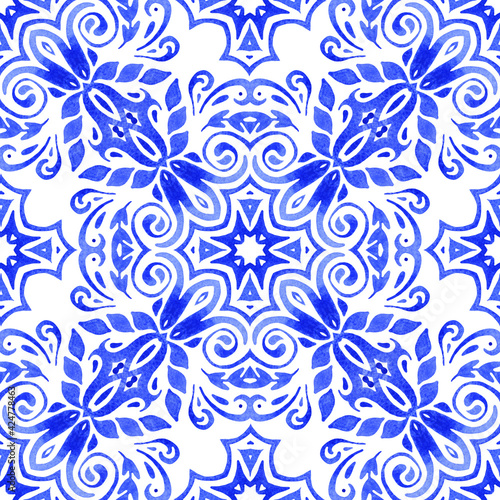 Abstract hand drawn watercolor tile seamless ornamental pattern. Elegant mandala star for fabric and wallpapers