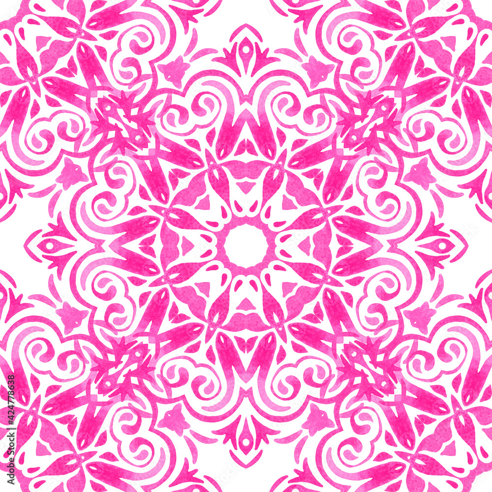 Pink seamless ornamental watercolor arabesque paint tile pattern for fabric and ceramics