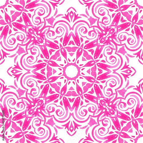 Pink seamless ornamental watercolor arabesque paint tile pattern for fabric and ceramics