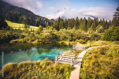 Nature Reserve Zelenci, krajnska gora, Slovenia, Europe. Wonderful morning view of Zelenci nature reserve. Slovenia travel. photo