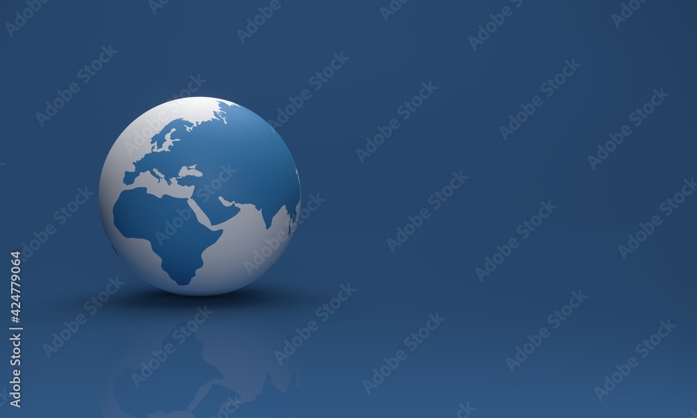 Stylized image of the planet Earth with reflection in the floor in blue and white colors on a blank blue background. 3d rendering Stylized image of the planet Earth with reflection in the floor in blue and white colors on a blank blue background. 3d rendering