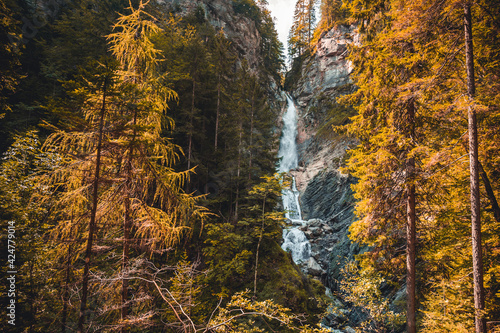 Walk through the canyon to lower Martuljek waterfall. Martuljek river in Slovenia, Triglav national park near Krajnska gora.  Martuljški slap. photo