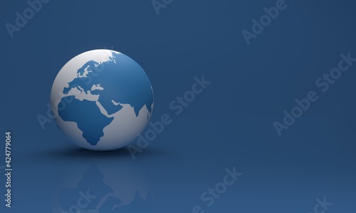 Stylized image of the planet Earth with reflection in the floor in blue and white colors on a blank blue background. 3d rendering